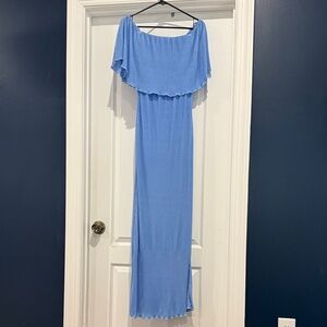 Light Blue Off-Shoulder Maxi Dress with Ruffle Overlay